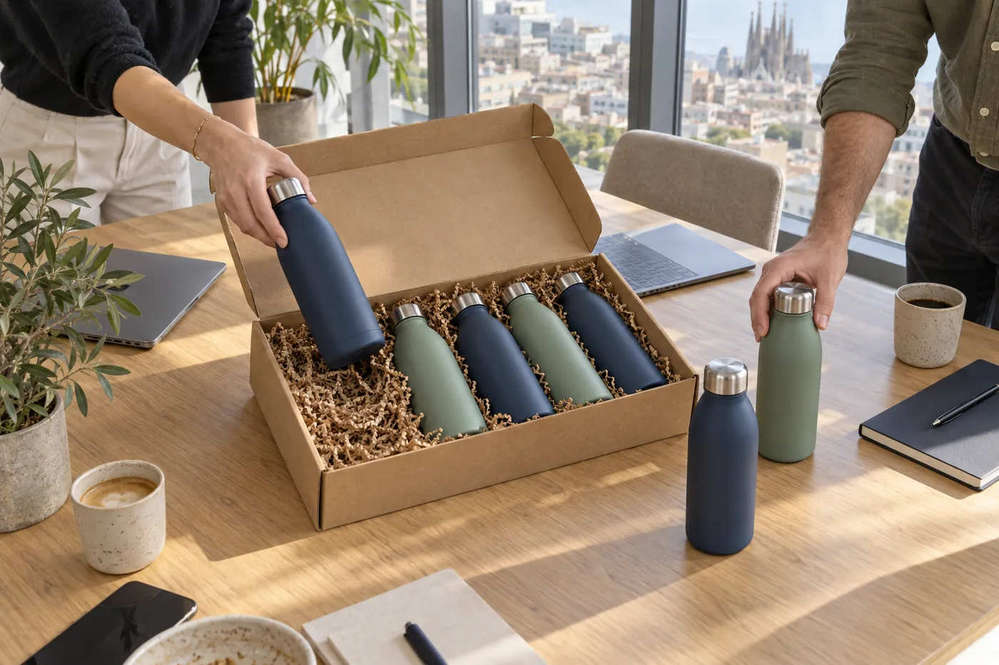 Caja de cartón con seis botellas térmicas azul marino y salvia sobre la mesa de una sala de reuniones