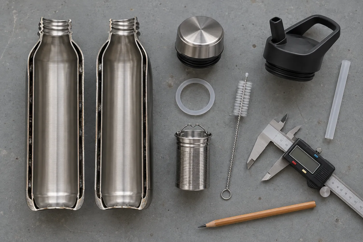 Botella térmica desmontada sobre la mesa de taller: cuerpo cortado por la mitad, tapón, junta de silicona, infusor y tapa con pajita