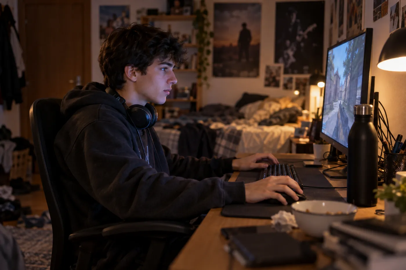 Adolescente jugando en el ordenador de su habitación con una botella térmica negra junto al teclado