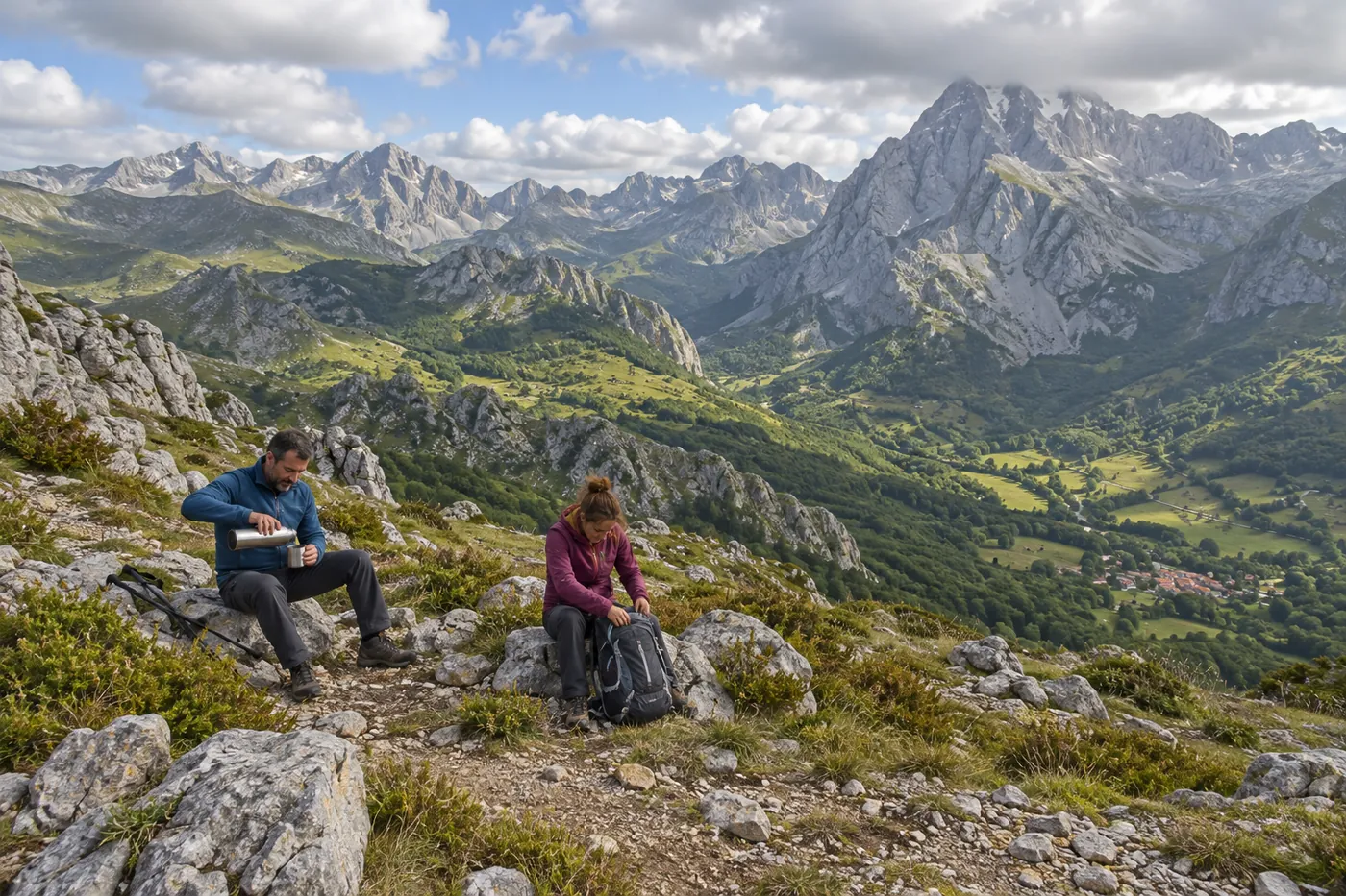 Pareja descansando en una ruta de montaña de los Picos de Europa sirviendo café de un termo