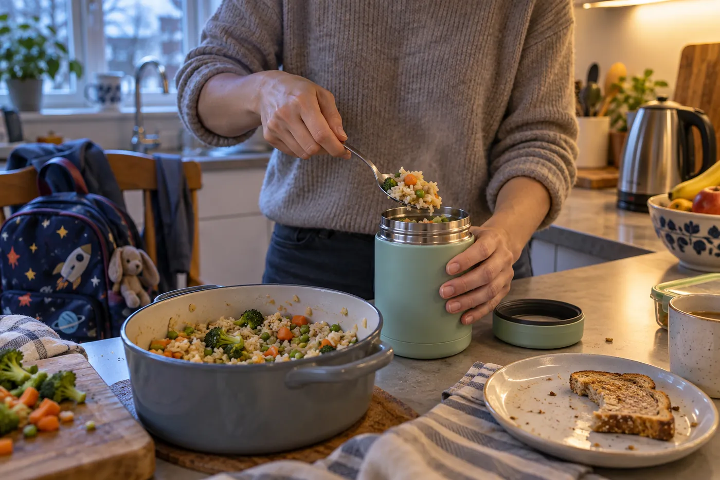 Madre preparando por la mañana el termo de comida de su hijo con arroz y verduras