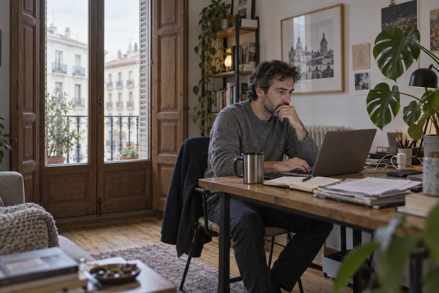 Hombre trabajando con el portátil en casa con una taza térmica de acero al lado