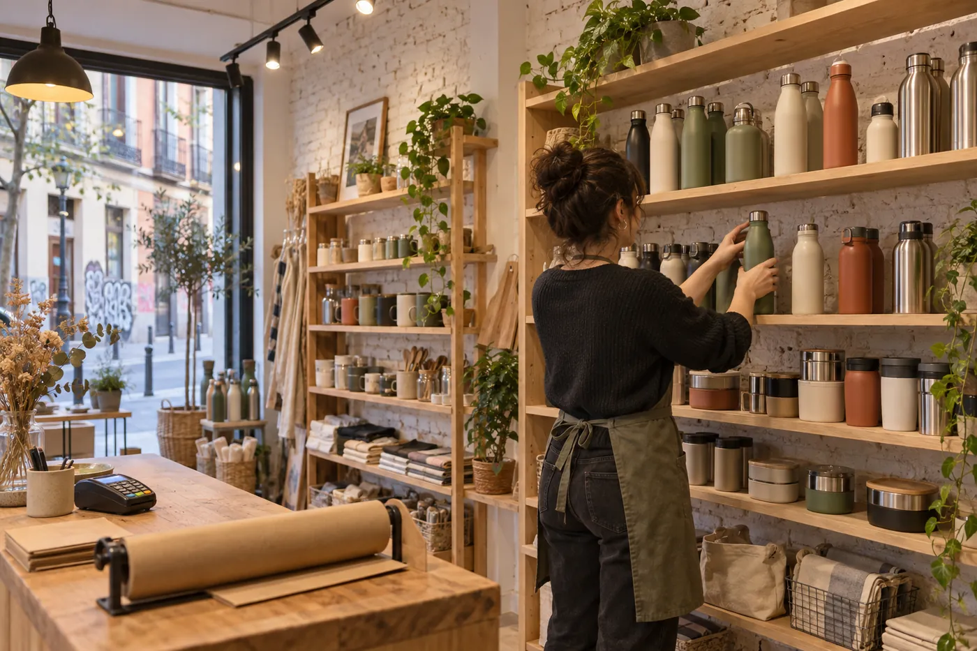 Interior de la tienda showroom con estanterías de botellas térmicas