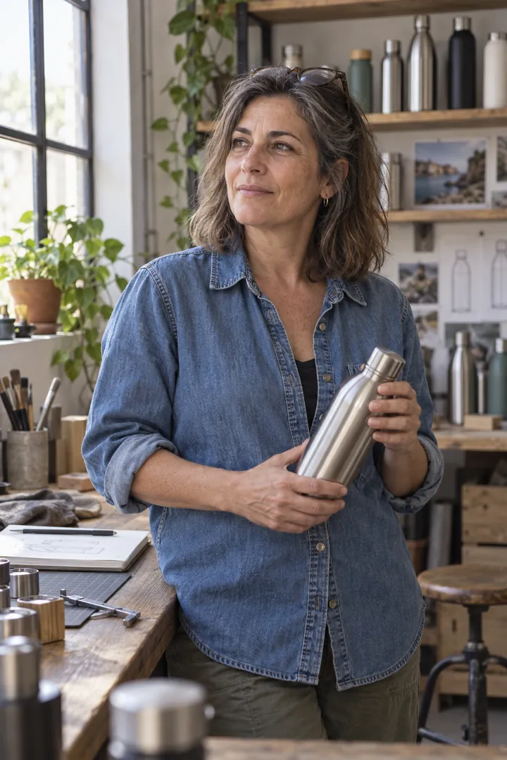 Laura Ibáñez en el taller sujetando una botella de acero