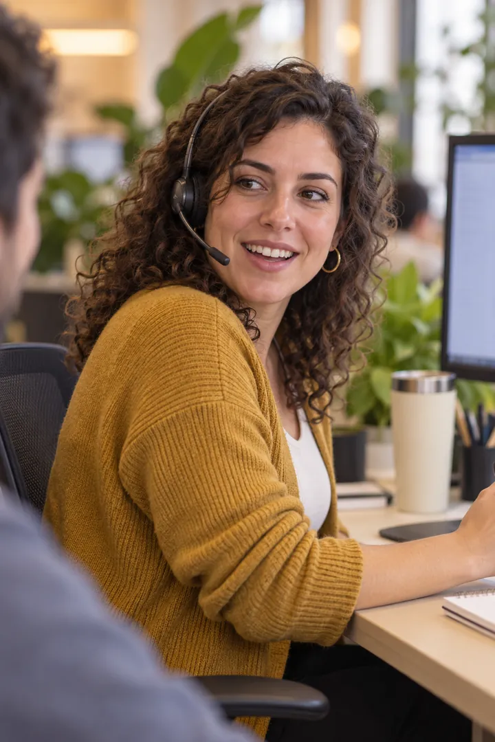 Núria, del equipo de atención al cliente, en su puesto con auriculares