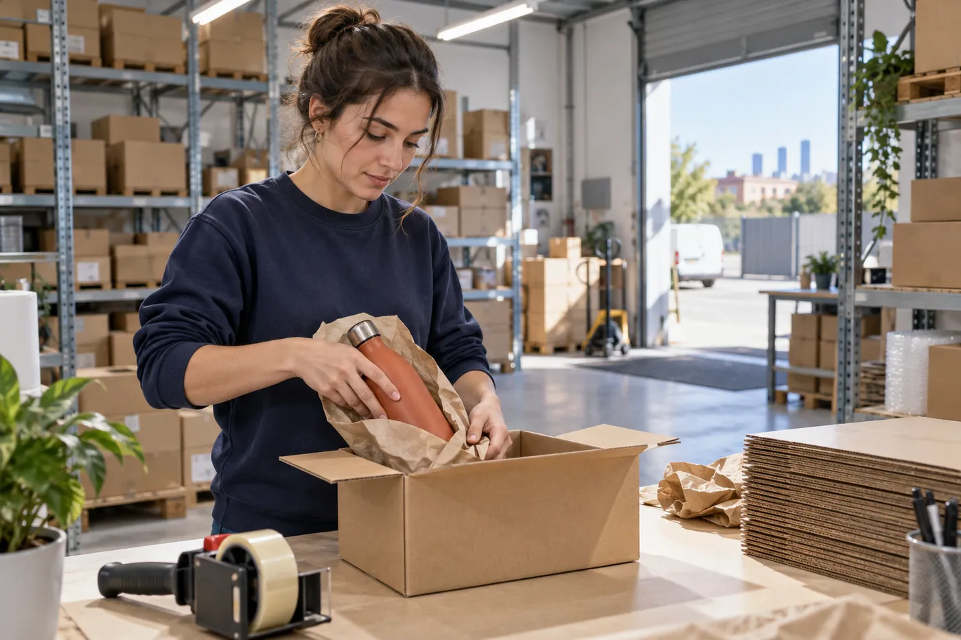 Trabajadora empaquetando una botella en papel kraft dentro de una caja